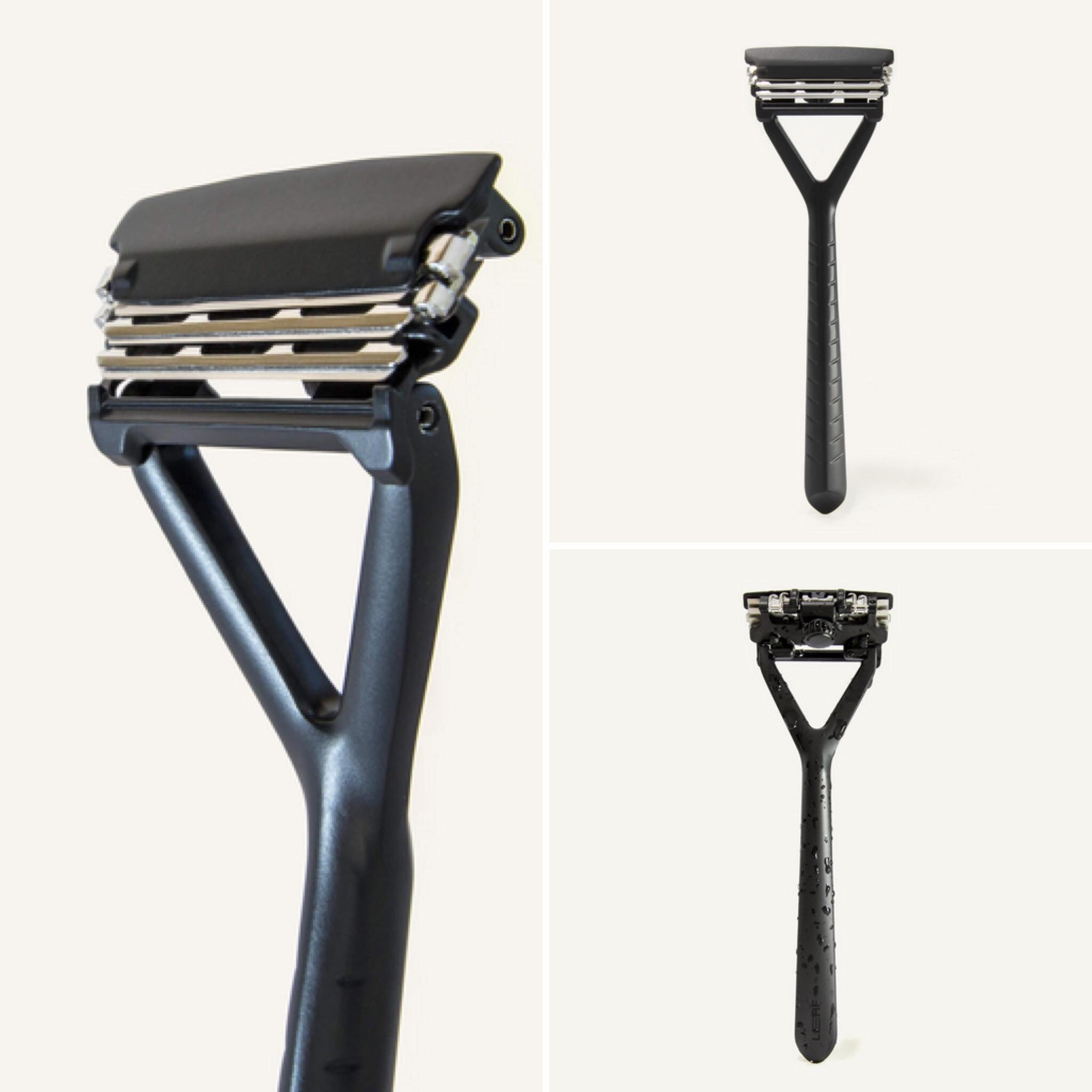 Leaf Razor with black finish is a modern razor by Leaf Shave with a built-in pivoting heads and up to three blades for a better, more sustainable shave every time