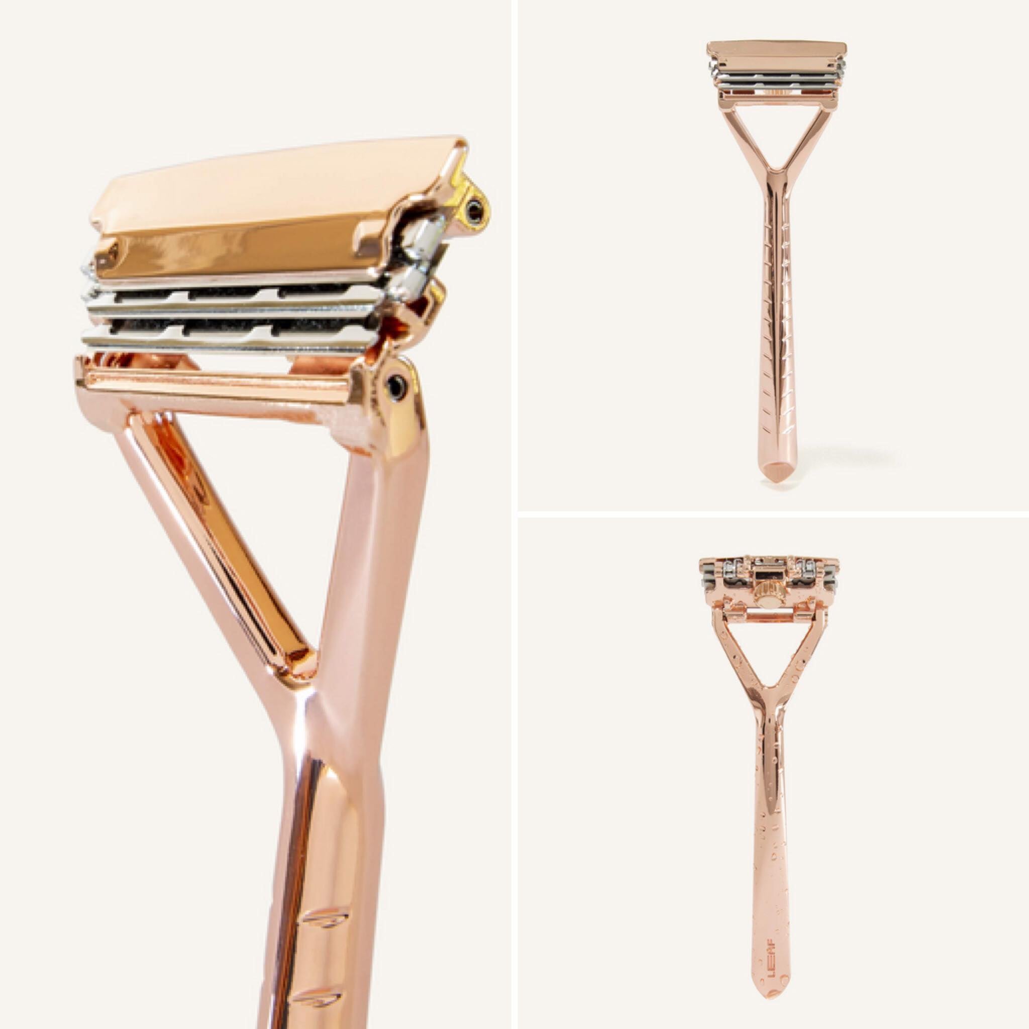 Leaf Razor with rose gold finish is a modern razor by Leaf Shave with a built-in pivoting heads and up to three blades for a better, more sustainable shave every time