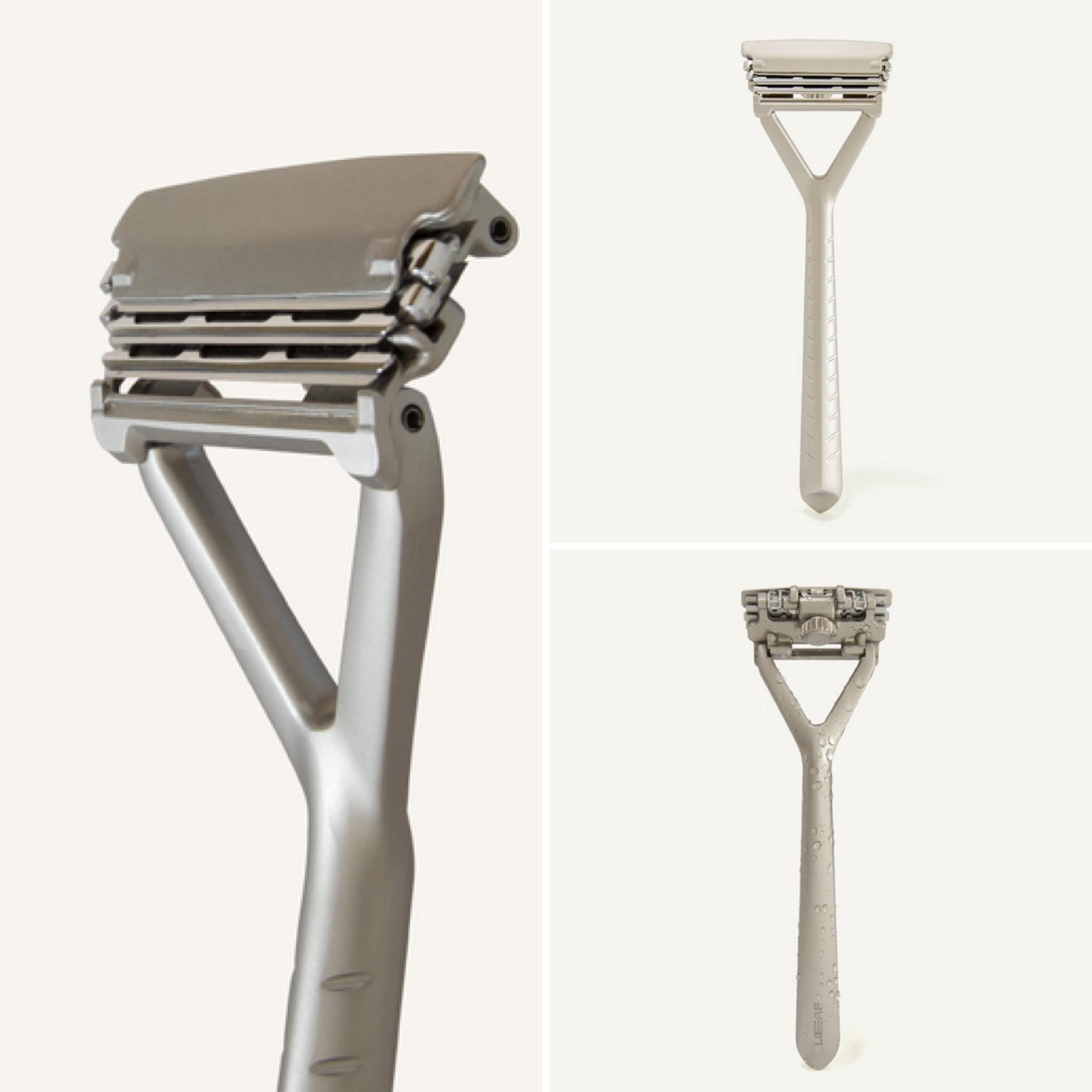 Leaf Razor with silver finish is a modern razor by Leaf Shave with a built-in pivoting heads and up to three blades for a better, more sustainable shave every time