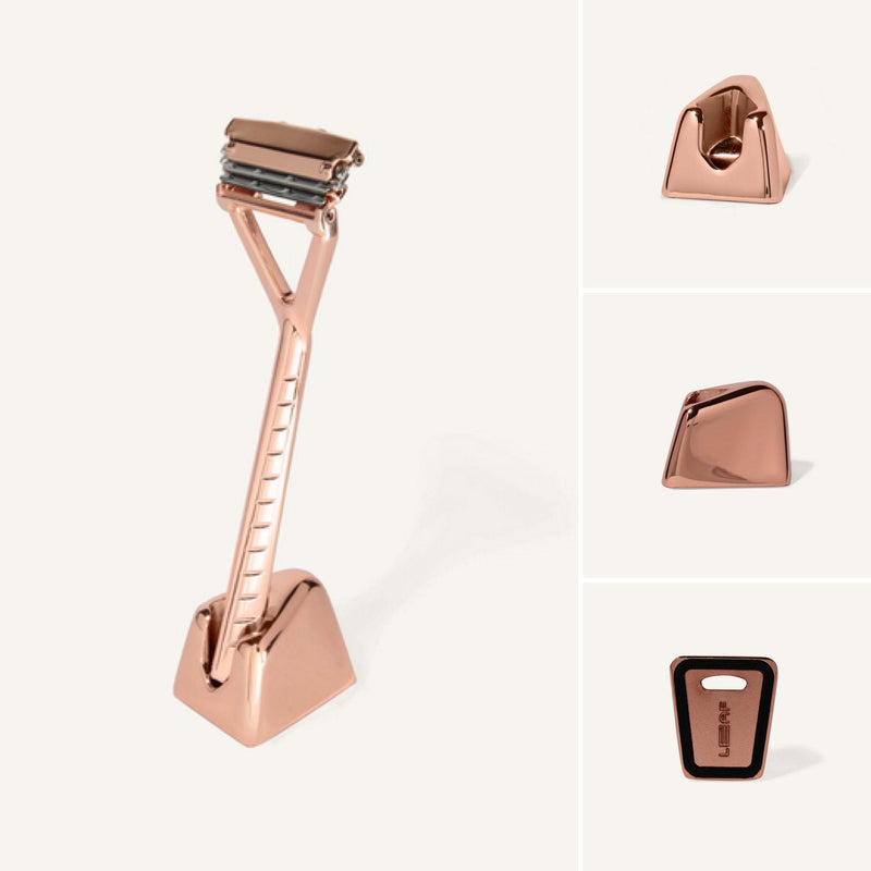 This Rose Gold Leaf Razor Stand is designed by Leaf Shave with features like an embedded rubber foot and a drainage hole