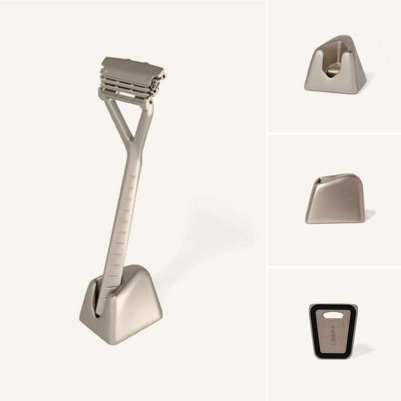 This Silver Leaf Razor Stand is designed by Leaf Shave with features like an embedded rubber foot and a drainage hole