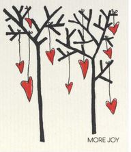 more joy swedish dish cloth 20 x17 cm with red hearts hanging from black tree branches on a white background