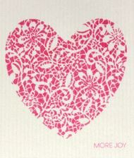 more joy swedish dish cloth 20 x17 cm with white and pink heart on white background