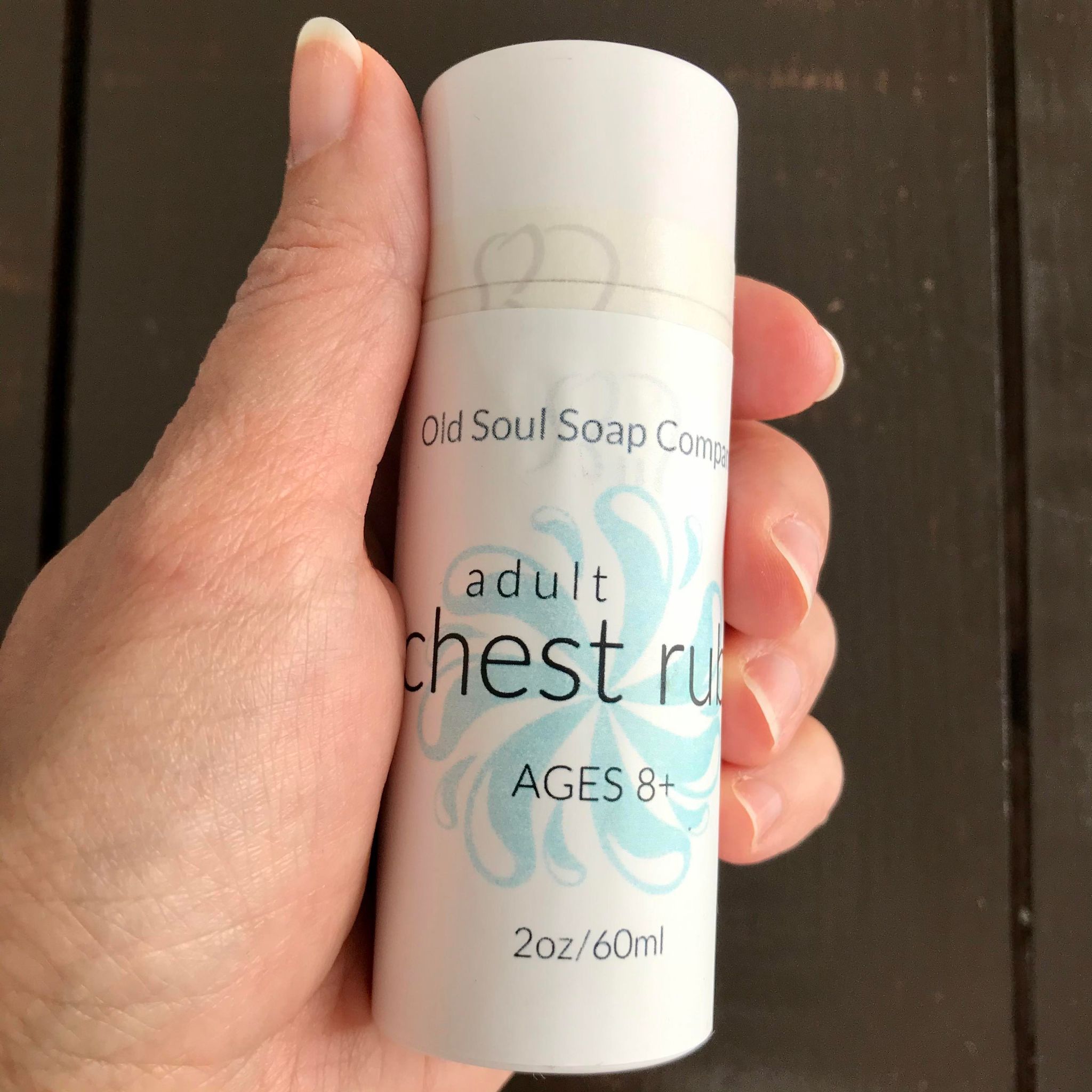 Natural chest rub balm 60 ml for adults comes in a compostable push up cardboard tube and is made in Canada by the Old Soul Soap Company