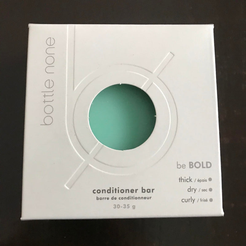 Be BOLD conditoner bar in a box for thick, dry, or curly hair made in Canada by Bottle None