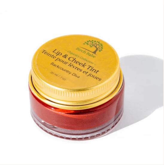backcountry diva red lip and cheek tint made in canada by birch babe in 20 ml glass jar