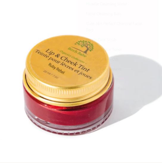 ruby rebel ruby red lip and cheek tint made in canada by birch babe in 20 ml glass jar