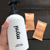 myni black and white clean hands kit features two natural foaming hand soap scents 'gin tonic' and 'funky mojito' and bottles made in Canada from wheat straw