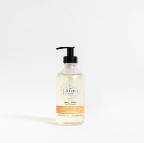 canadian made blood orange, bergamot lime and sandalwood essential oil scented natural hand soap in a 236 ml refillable glass pump bottle made by the bare home company based in ontario