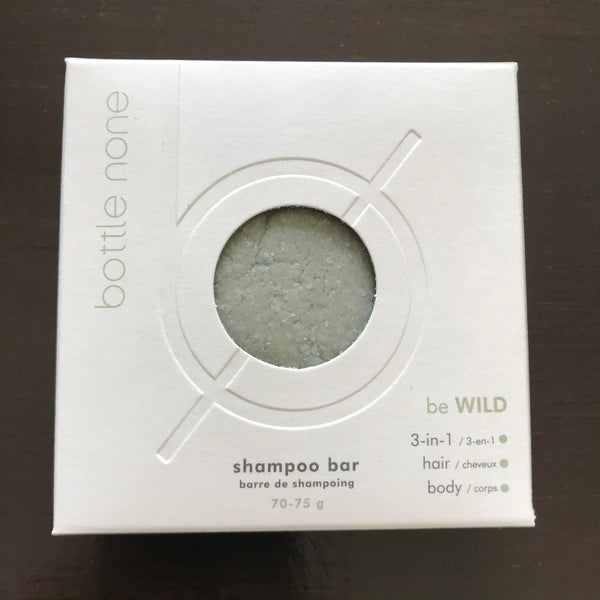 bottle none be WILD 3 in 1 shampoo conditioner body wash bar 70-75 g in a box made in Canada