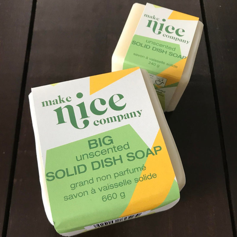 Make Nice Company unscented solid dish soap bars made in Canada comes in two sizes 240 g and 660 g cubes