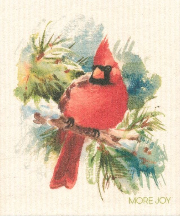 more joy swedish sponge dish cloth available in canada with a red cardinal on a branch with a white background