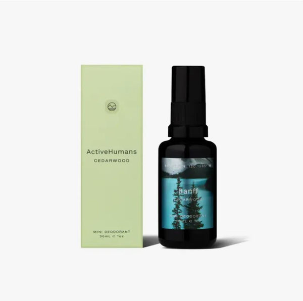 Cedarwood scented mini vegan spray deodorant in refillable 30 ml glass bottle made in Canada by Active Humans