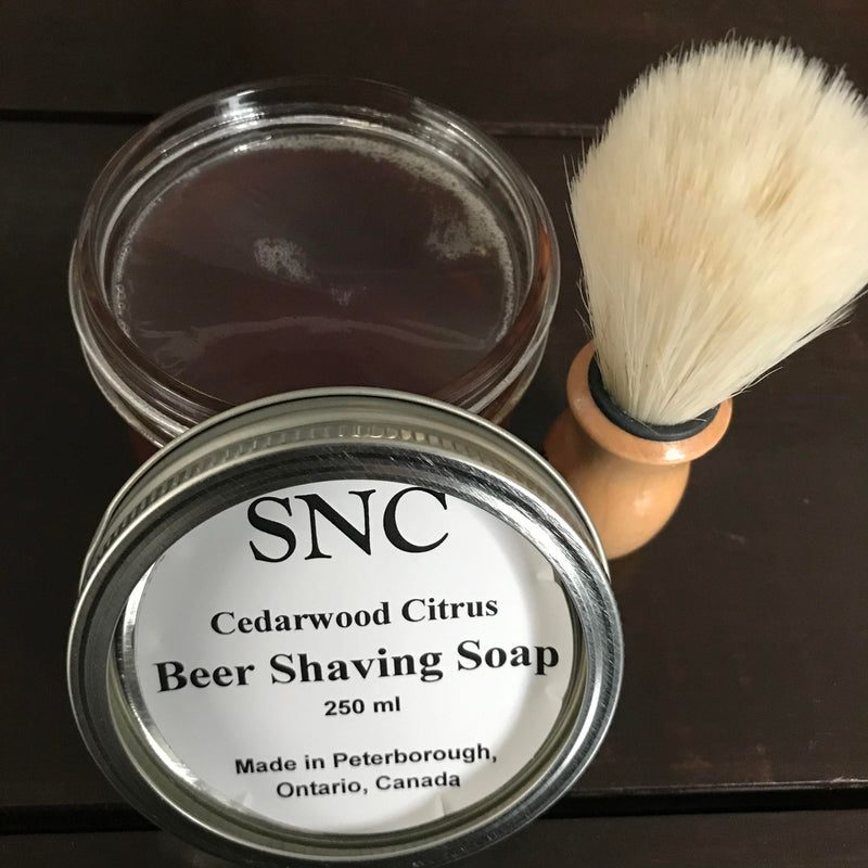cedarwood citrus beer shaving soap in a jar made in canada (shaving brush sold separately)