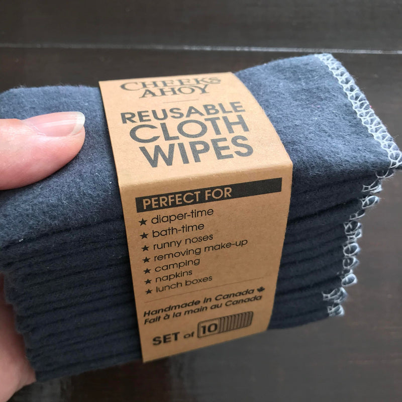 Charcoal reusable cloth wipes set of 10 made in Canada by Cheeks Ahoy of 100 percent cotton