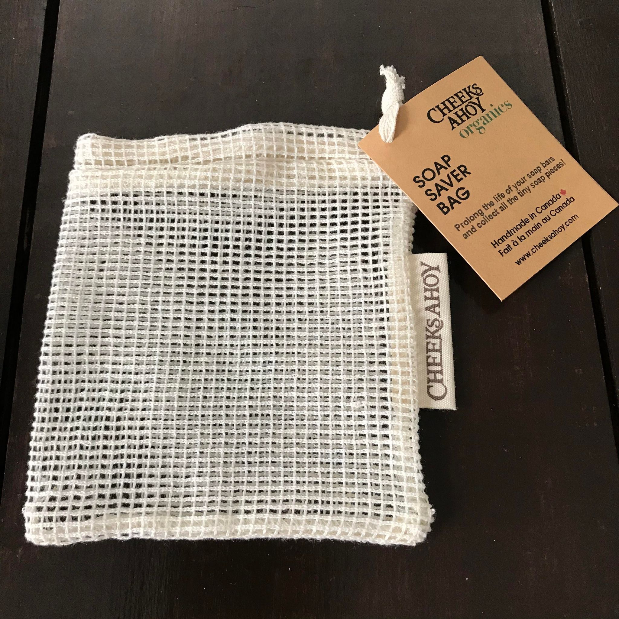 Prolong the life of your soap bars and collect all the tiny soap pieces in a mesh soap saver bag made in Canada of organic cotton and handmade by Cheeks Ahoy