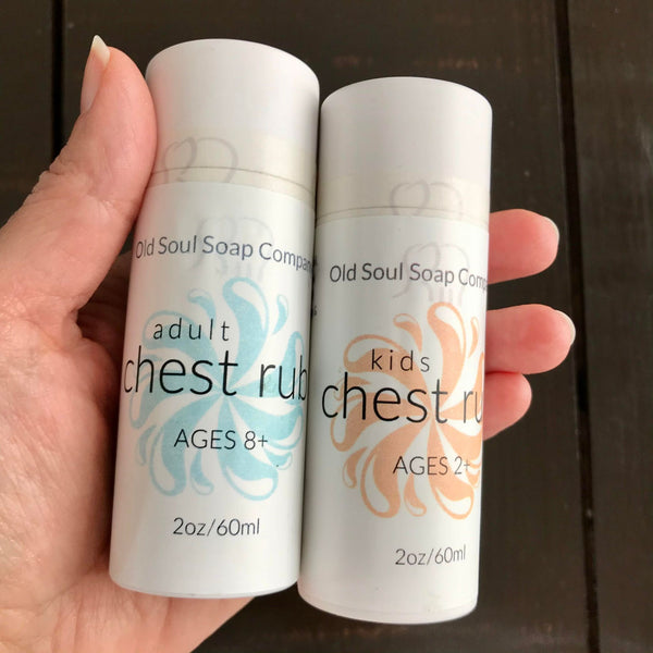 Natural chest rub balm 60 ml in compostable push up cardboard tubes for kids and adults made in Canada by the Old Soul Soap Company