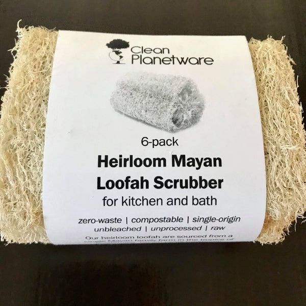 six pack of zero waste unbleached expandable loofah scrubbers