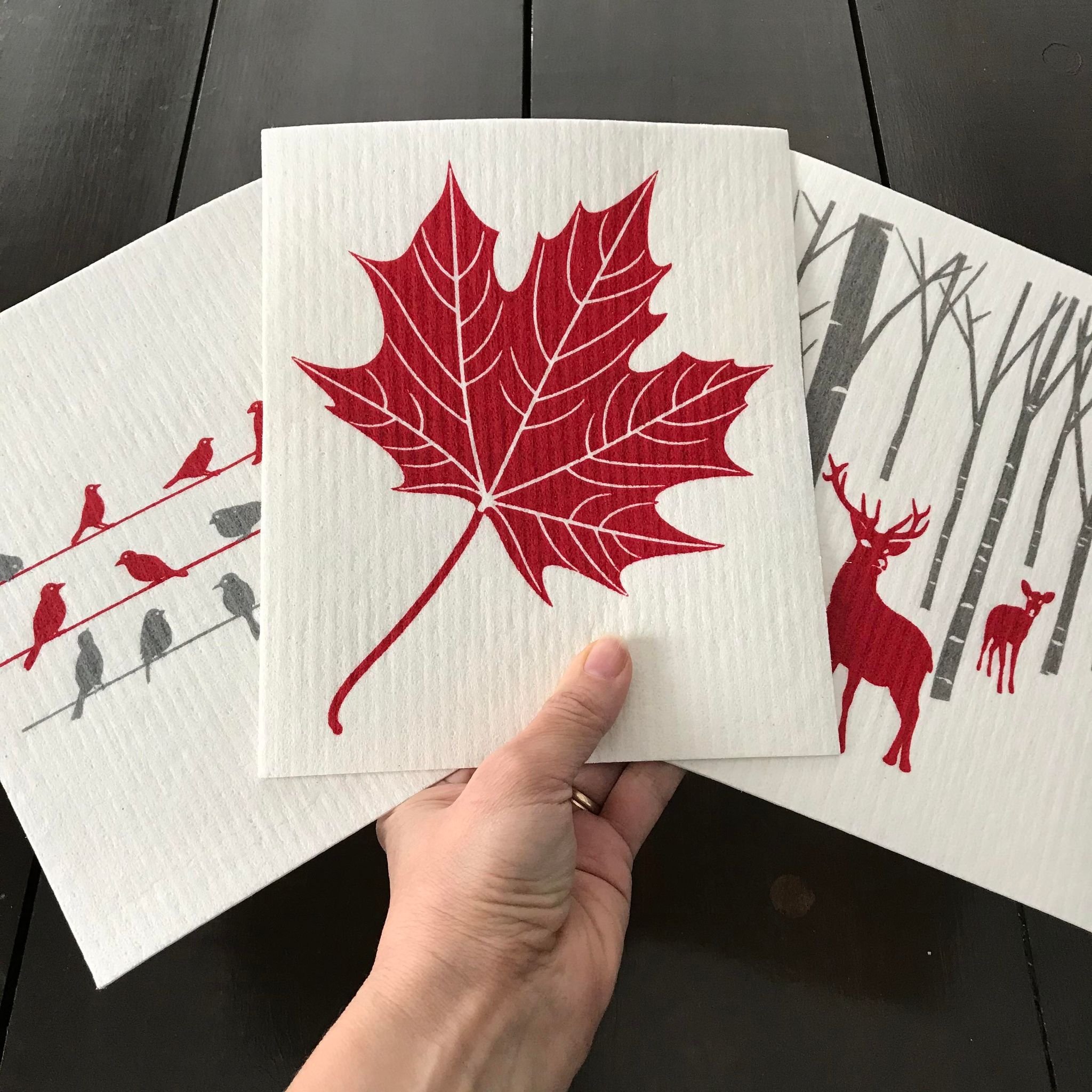 red, grey and white david shaw designs swedish dish cloths available in canada