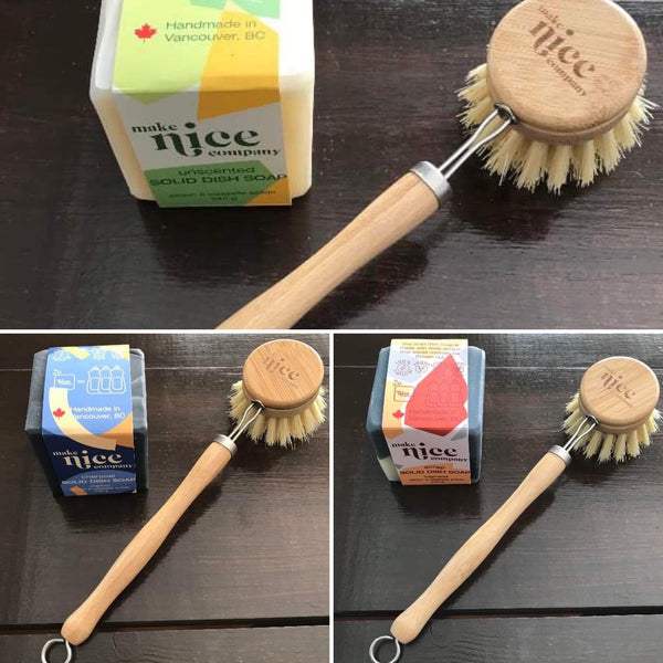 make nice company canadian made dish soap bars and zero waste dish brush sets in three unscented varieties plain, charcoal and scrap