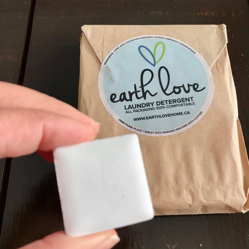 canadian made earth love 12 natural laundry detergent tablets in compostable packaging