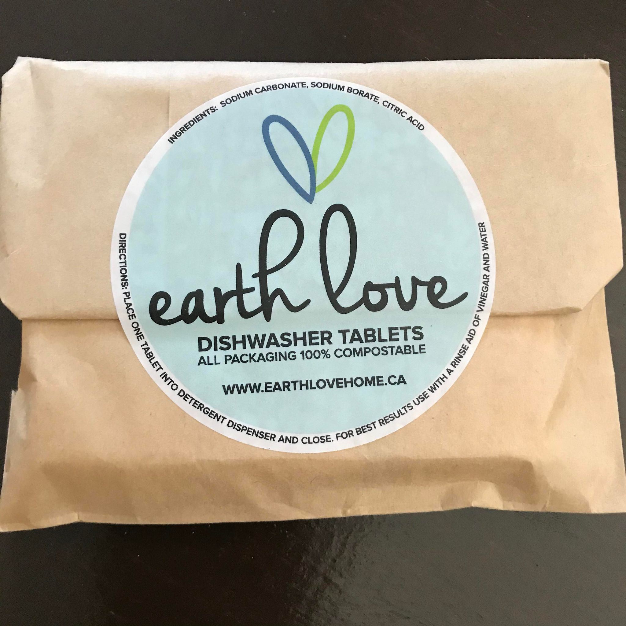 Earth love natural dishwasher tablets 12 pack in compostable packaging made in canada