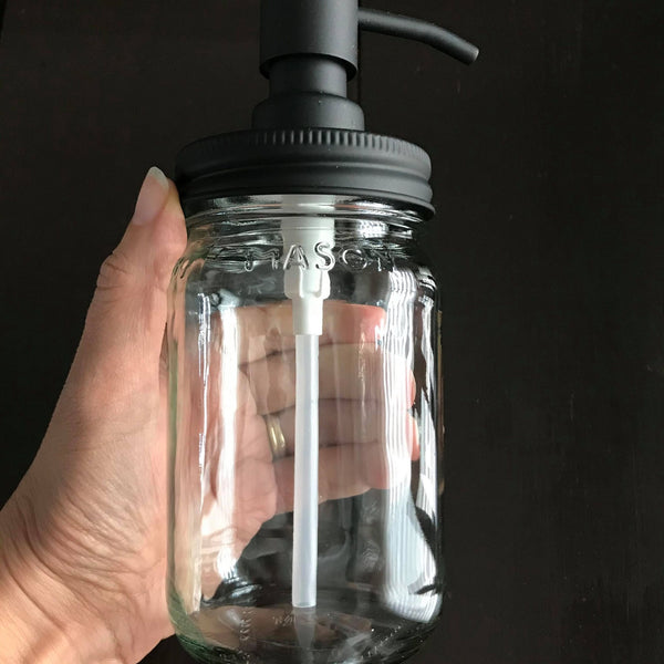 glass mason jar soap dispenser with black metal pump
