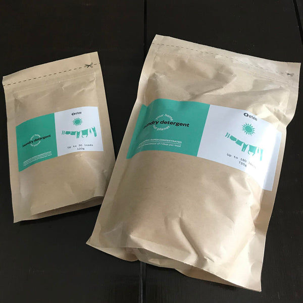 Super concentrate laundry detergent powder made by the Canadian brand etee