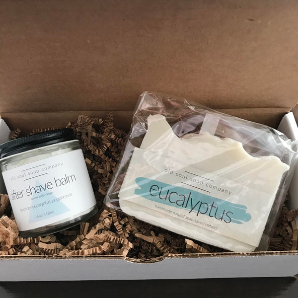canadian made natural lavender eucalyptus and peppermint after shave balm in a glass jar and a handcrafted eucalyptus soap in compostable wrap in a gift box