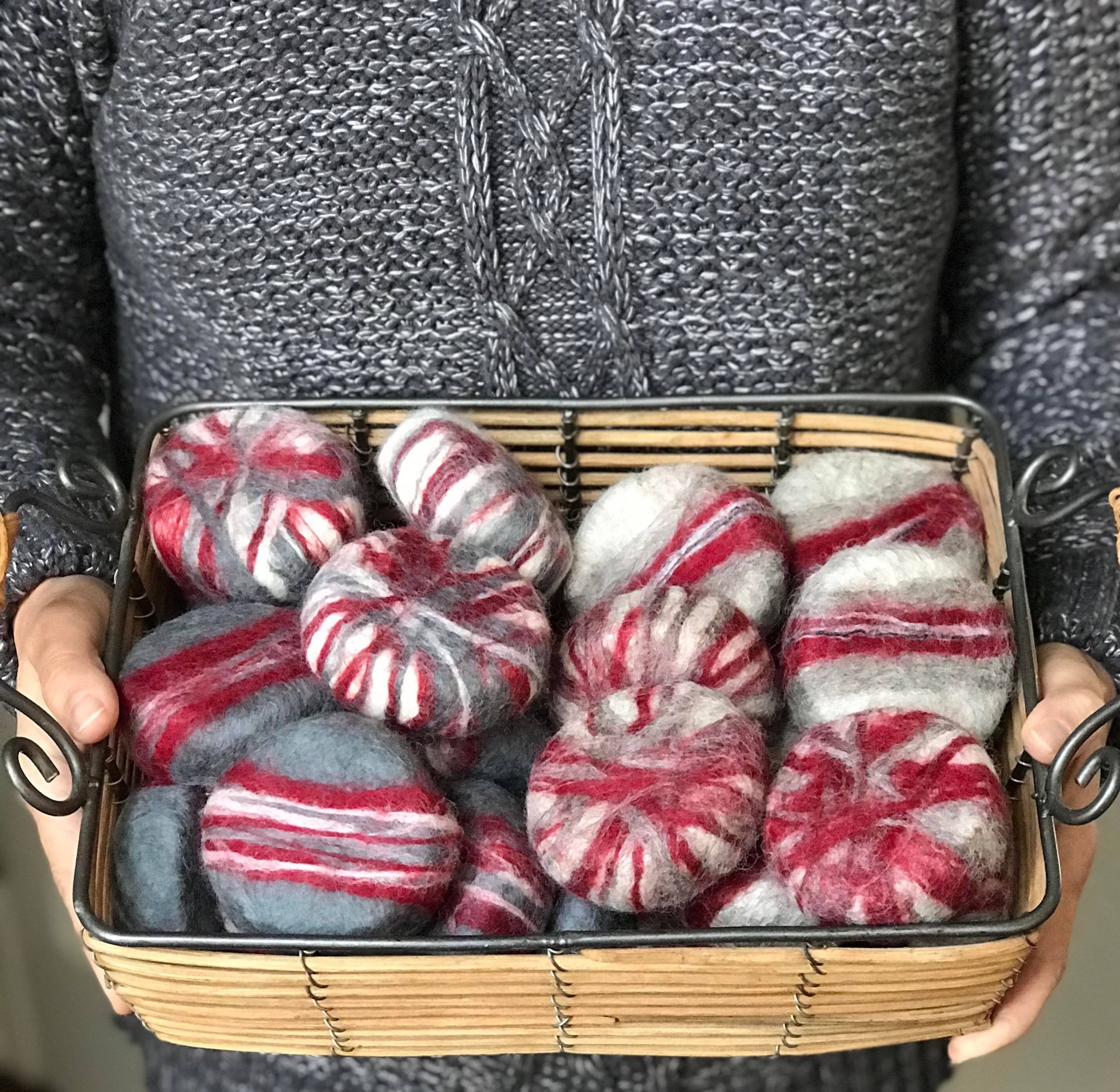 Canadian made Simply Natural Canada natural hand felted soaps in lavender chamomile and rosemary mint and hand felted in grey, red and white