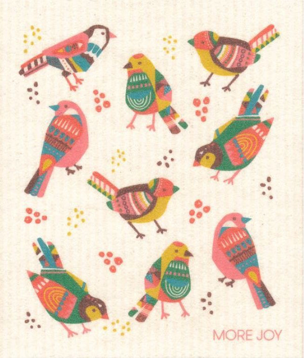 more joy swedish sponge dish cloth available in canada with a colourful folk bird motif on a white background