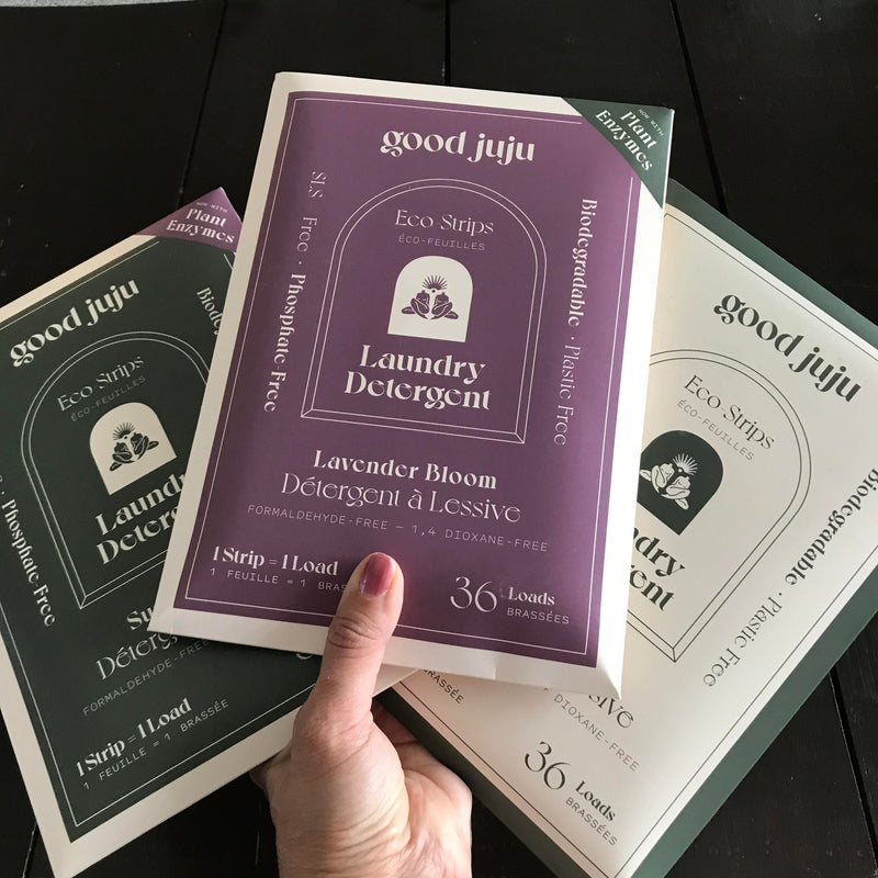 Natural laundry detergent eco strips in 36 load compostable packaging made in canada by good juju  and available in unscented as well as lavender bloom and summer rain scents