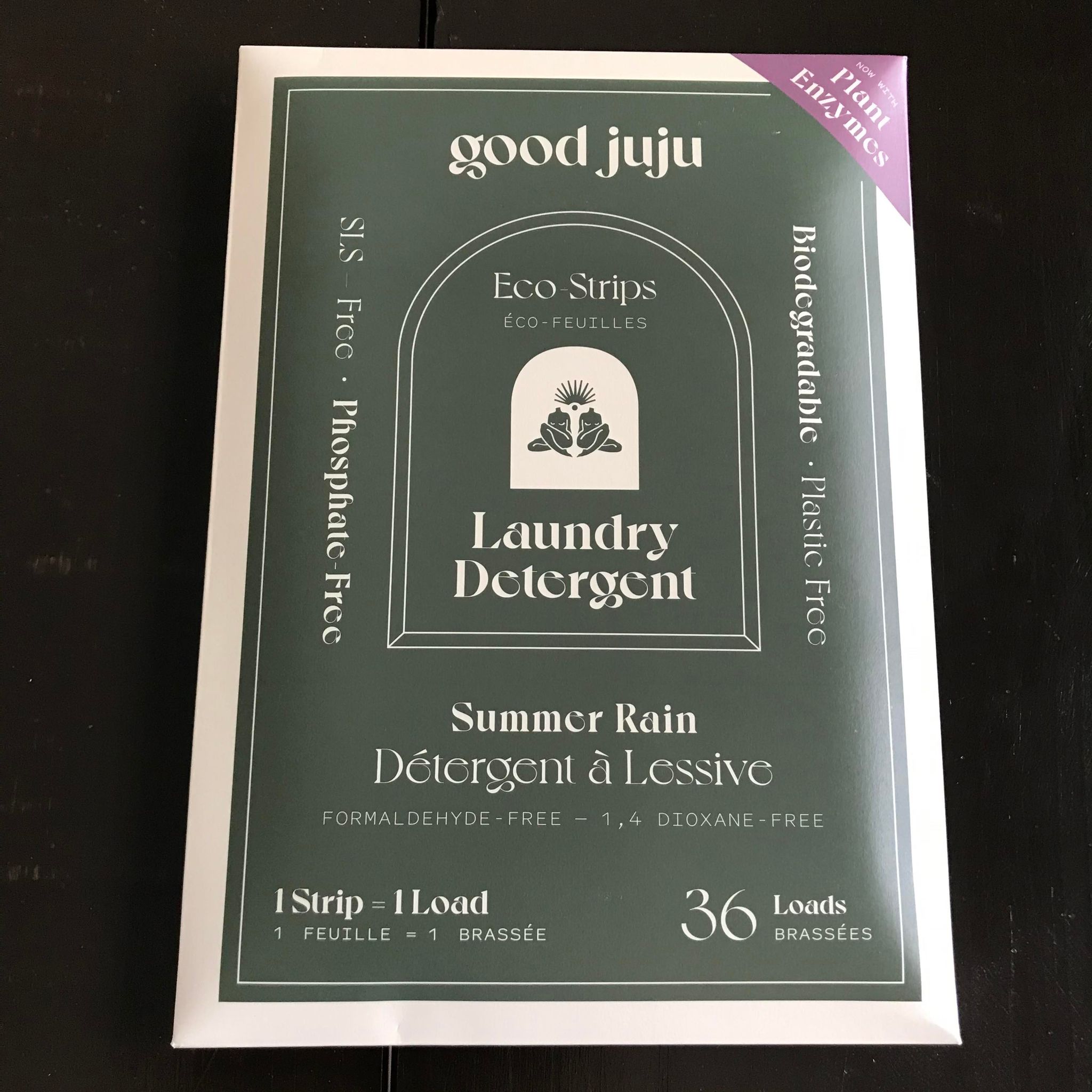 Canadian made Good Juju summer rain 36 load laundry detergent eco strips in compostable packaging