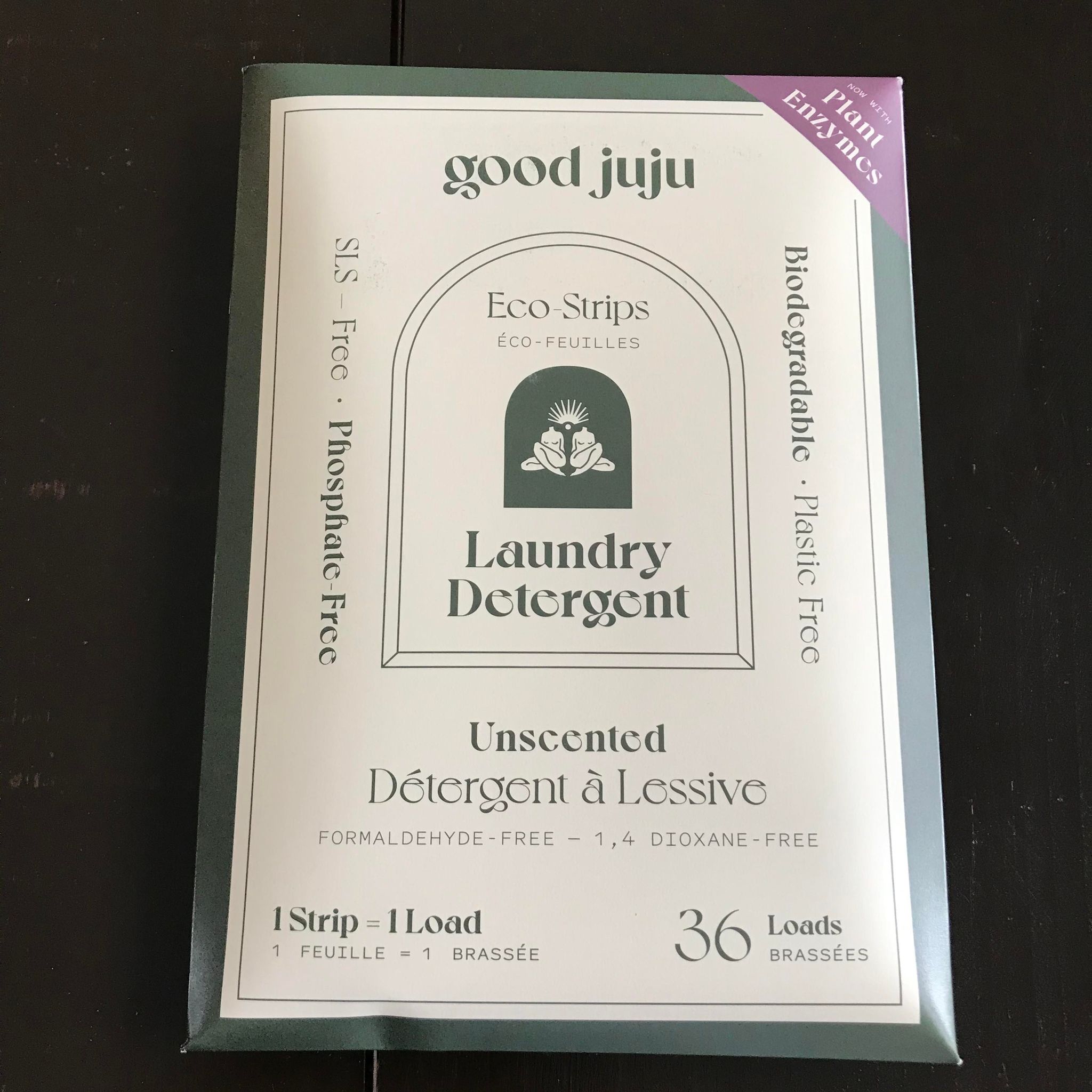 Canadian made Good Juju unscented 36 load laundry detergent eco strips in compostable packaging