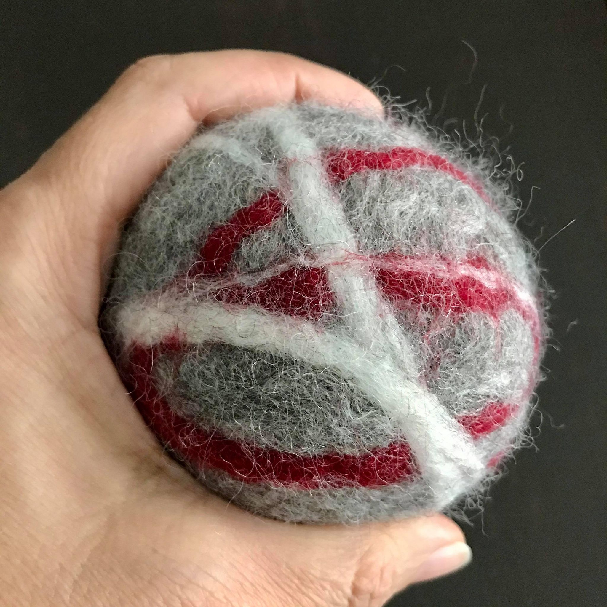 large canadian made grey red and white 100 percent wool dryer ball sold individually