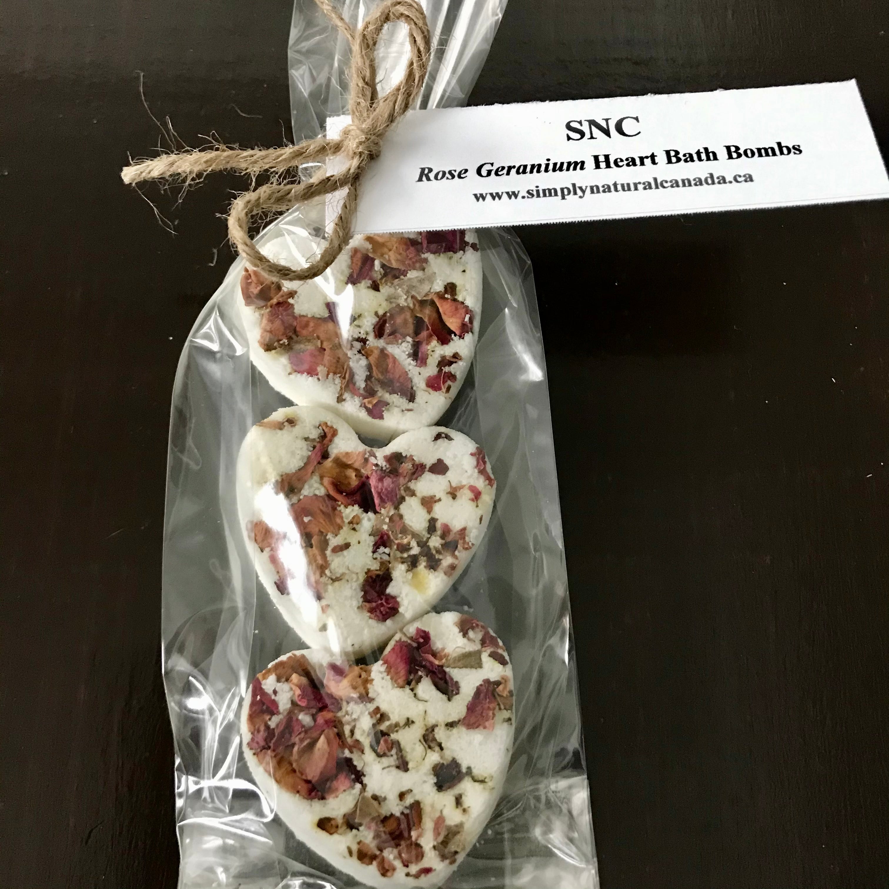 rose geranium essential oil natural heart bath bombs made in canada