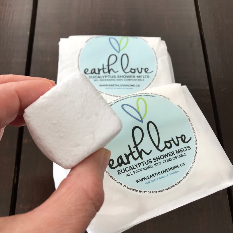 canadian made Earth Love eucalyptus shower melts in compostable packaging