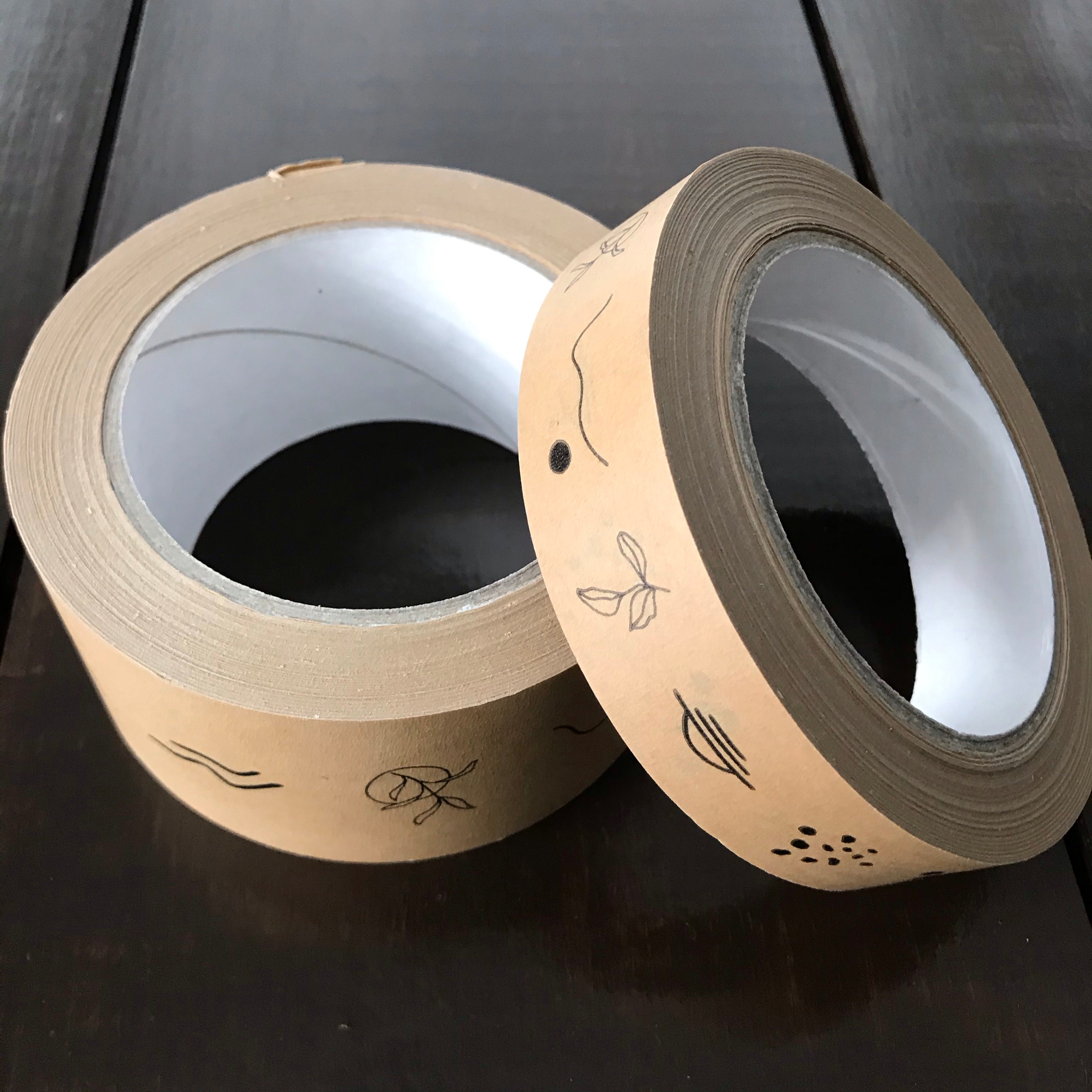 Goldrick Natural Living 25 and 50 mm brown recyclable paper tape printed with a four seasons pattern