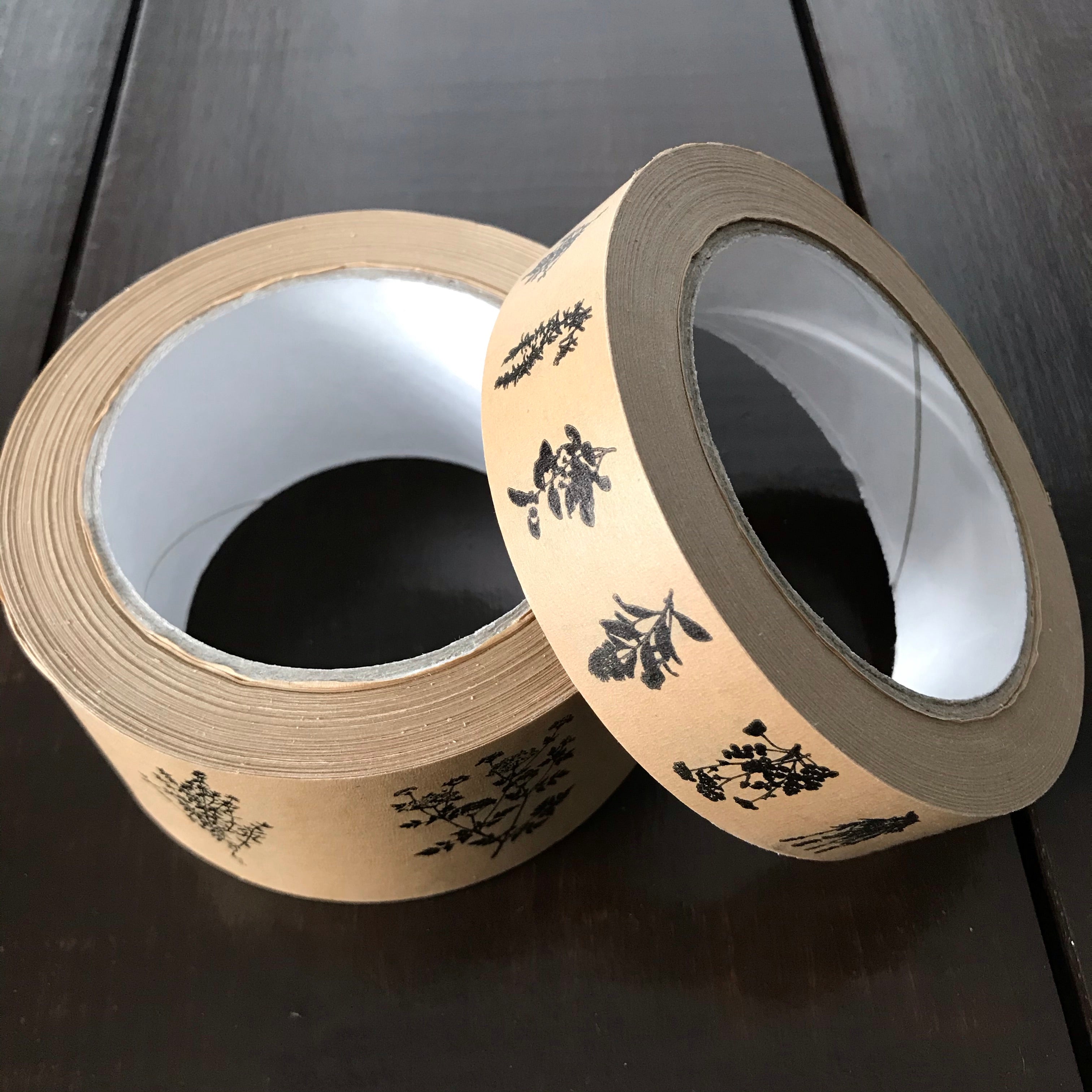 Goldrick Natural Living 25 mm and 50 mm brown recyclable paper tape printed with a wild herb pattern