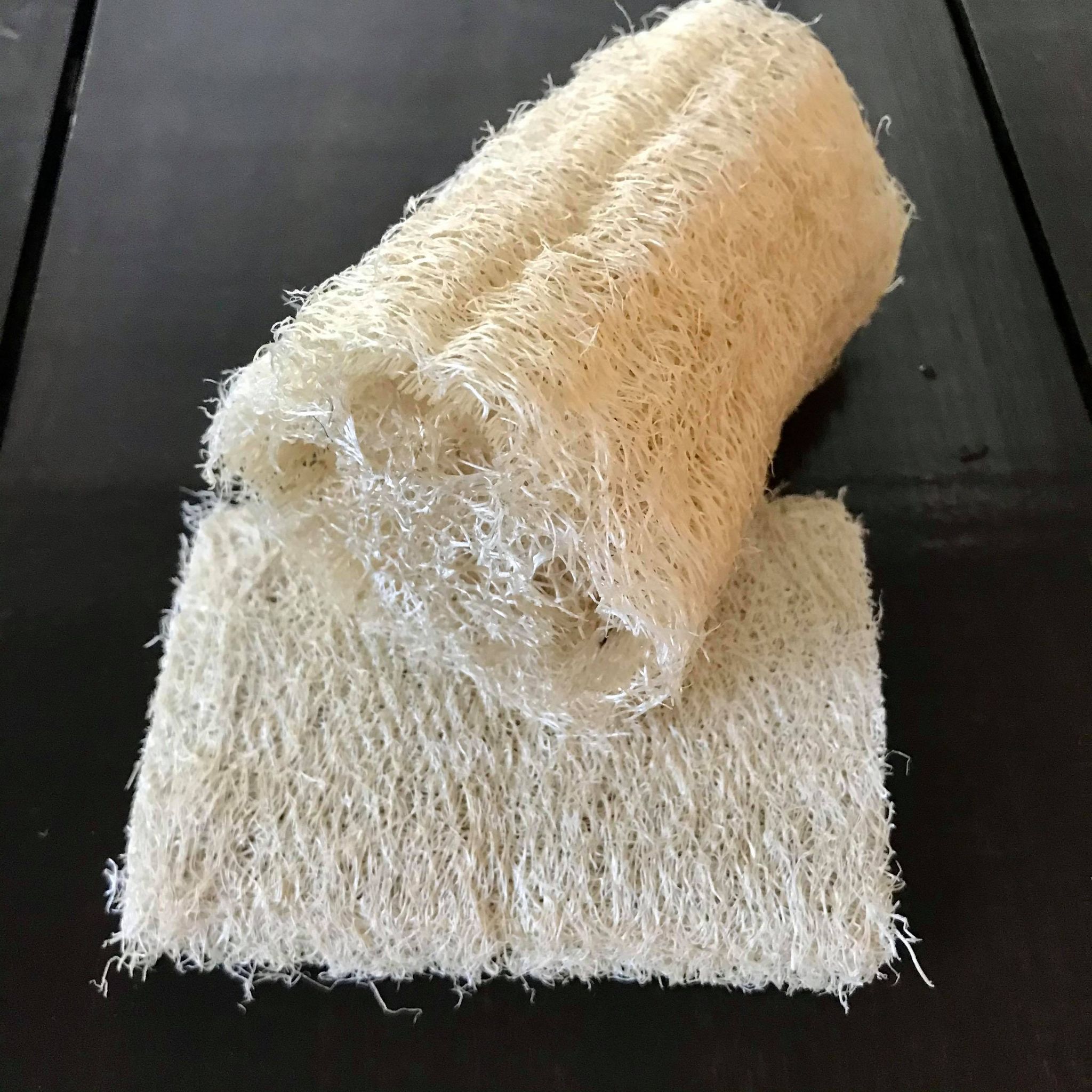 individual loofah scrubber shown dry and what it looks like after being soaked in water