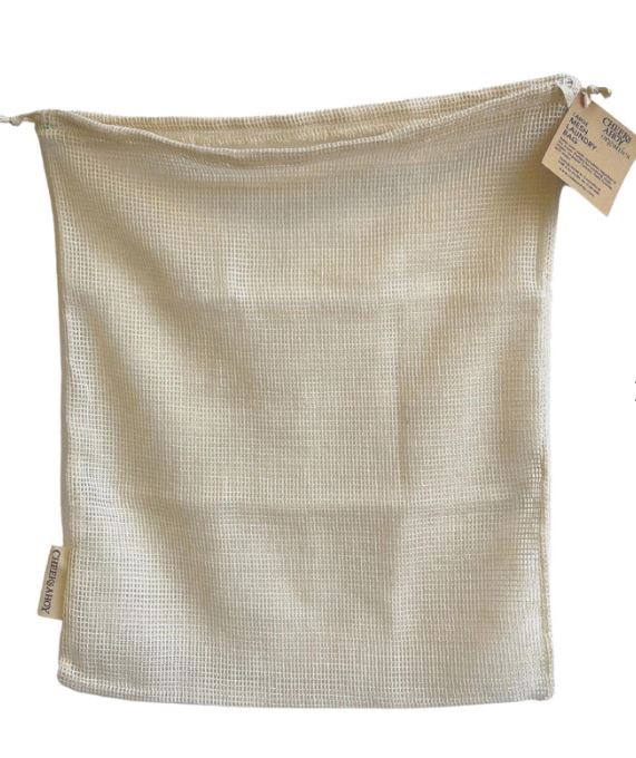 Large organic cotton mesh laundry bag measuring 17"x 14" handmade in Peterborough, Ontario by Cheeks Ahoy
