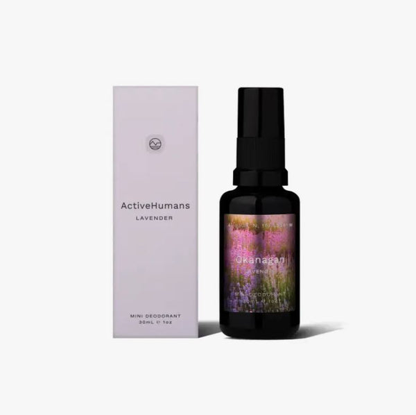 Lavender scented mini vegan spray deodorant in refillable 30 ml glass bottle made in Canada by Active Humans
