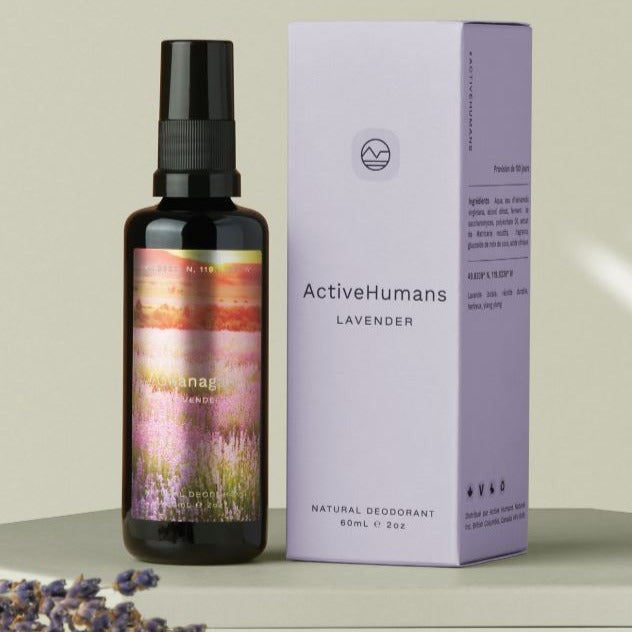 lavender scented vegan spray deodorant in refillable 60 ml glass bottle made in Canada by Active Humans