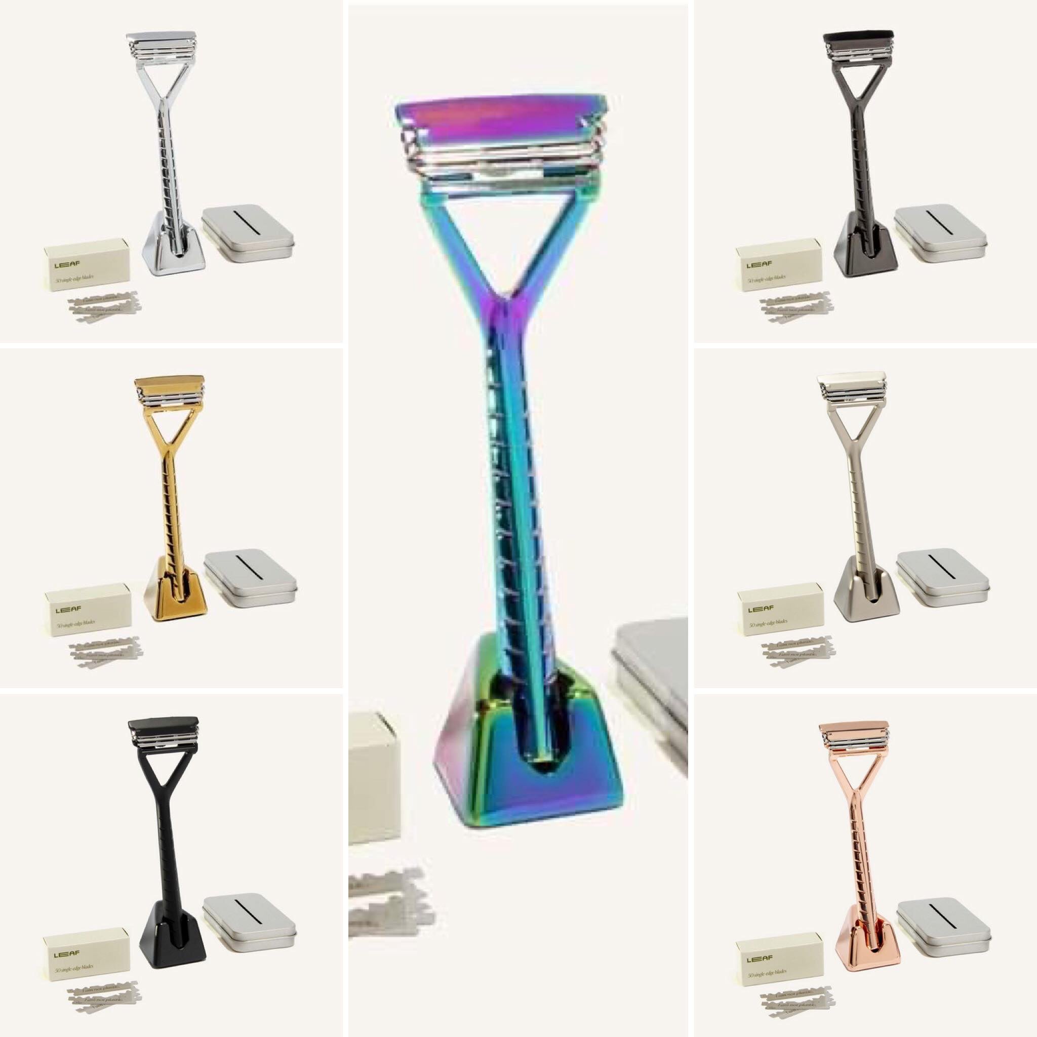 Our collection of Leaf Shave Starter Kits include a pivoting head razor, leaf razor stand, pack of 50 single edge blades and a blade recycling tin and are available in 7 finishes prism, chrome, mercury, gold, silver, black and rose gold