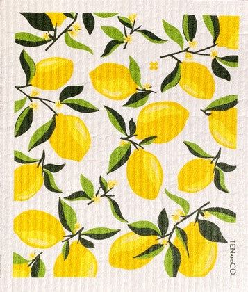 this one sponge cloth with a lemon pattern on a white background can replace the use of up to 40+ rolls of paper towel
