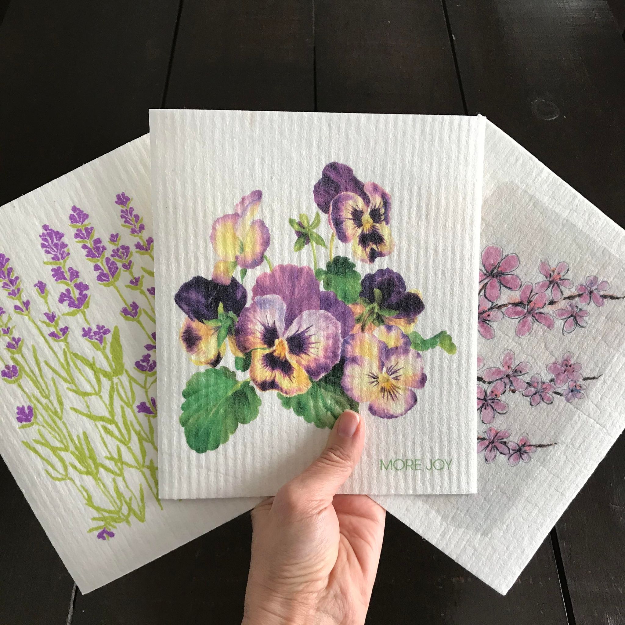 Eco friendly biodegradable and compostable more joy swedish sponge cloths available in canada in a variety of flower patterns