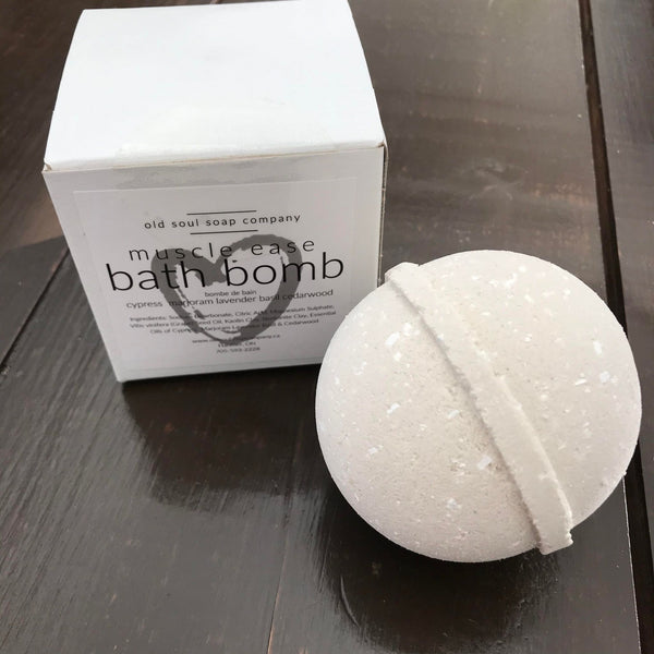 canadian made natural bath bomb with a blend of essential oils made by the old soul soap company and good for easing sore achy muscles