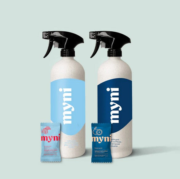 Set of two 750ml myni wheat straw spray bottles and one each of all purpose 'passion punch' and glass and mirror 'norderland' cleaning tablets made in Canada 