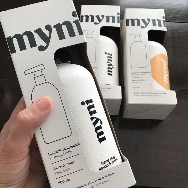 Myni black and white reusable wheat straw foaming hand soap bottle with complimentary unscented foaming hand soap concentrate tablet made in Canada