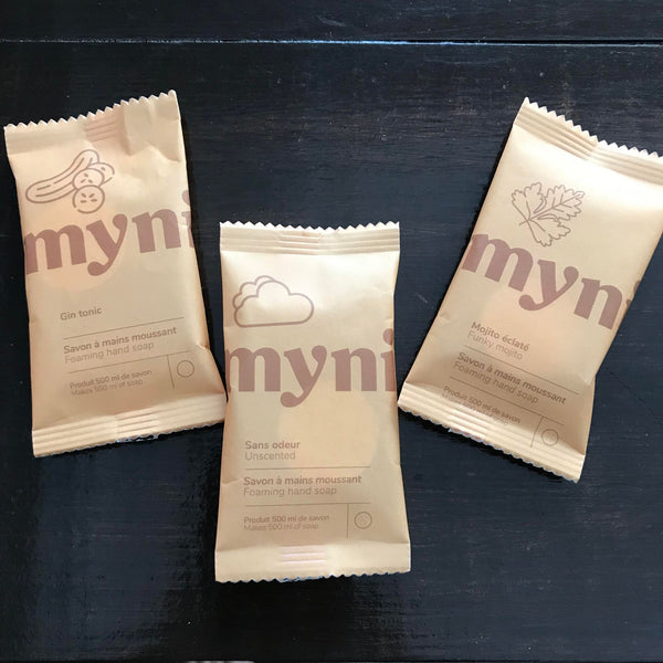 Foaming hand soap concentrate made in Canada by myni comes in three options unscented, gin tonic (green tea and cucumber scent) and funky mojito (lime and coriander scent)